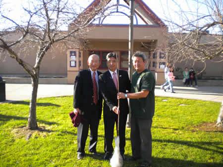 Presentation of commemorative cherry tree for US-Japan Cherry Blossom Centennial Project (From Right: Mr. Norm Tanaka, Principal of Sacramento Matsuyama Elementary School; Consul General Hiroshi Inomata; Mr. Ralph Sugimoto, President of Matsuyama Sacramento Sister City Corporation)